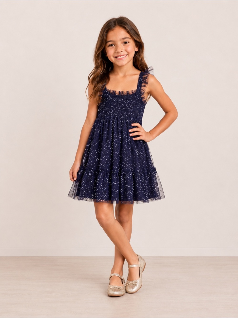 J.Crew Crewcuts Girls Navy Sparkle Glitter Mesh Ruffle Dress Size 5